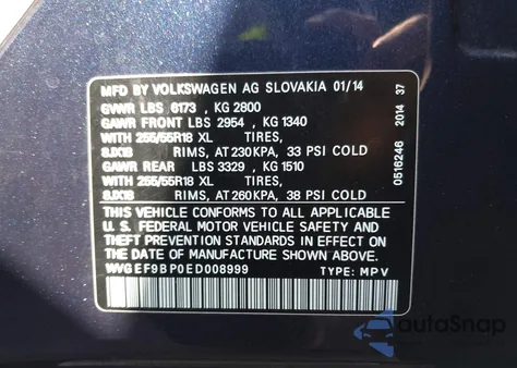 2014 Volkswagen Touareg 3.6L Sport from USA, damaged, VIN WVGEF9BP0ED008999
